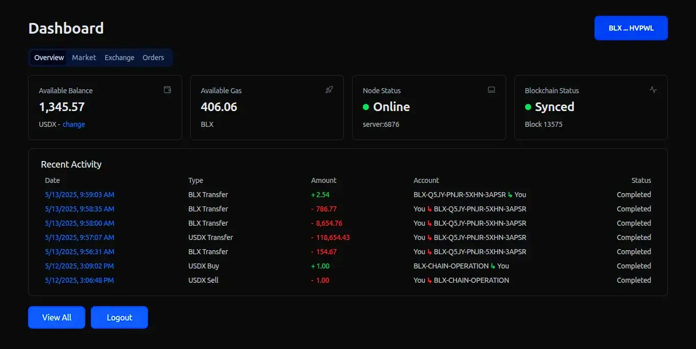 Screenshot of the Blue0x wallet
